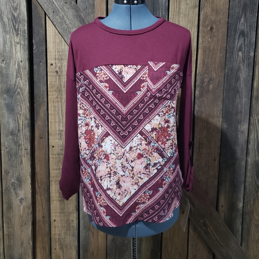NWT Maroon Long Sleve Tunic Bandana Style Top